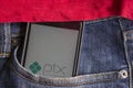 Florianopolis, Brazil. 28/09/2020: Close up of Pix logo on smartphone screen in jeans pocket. Pix is Ã¢â¬â¹Ã¢â¬â¹the new Brazilian